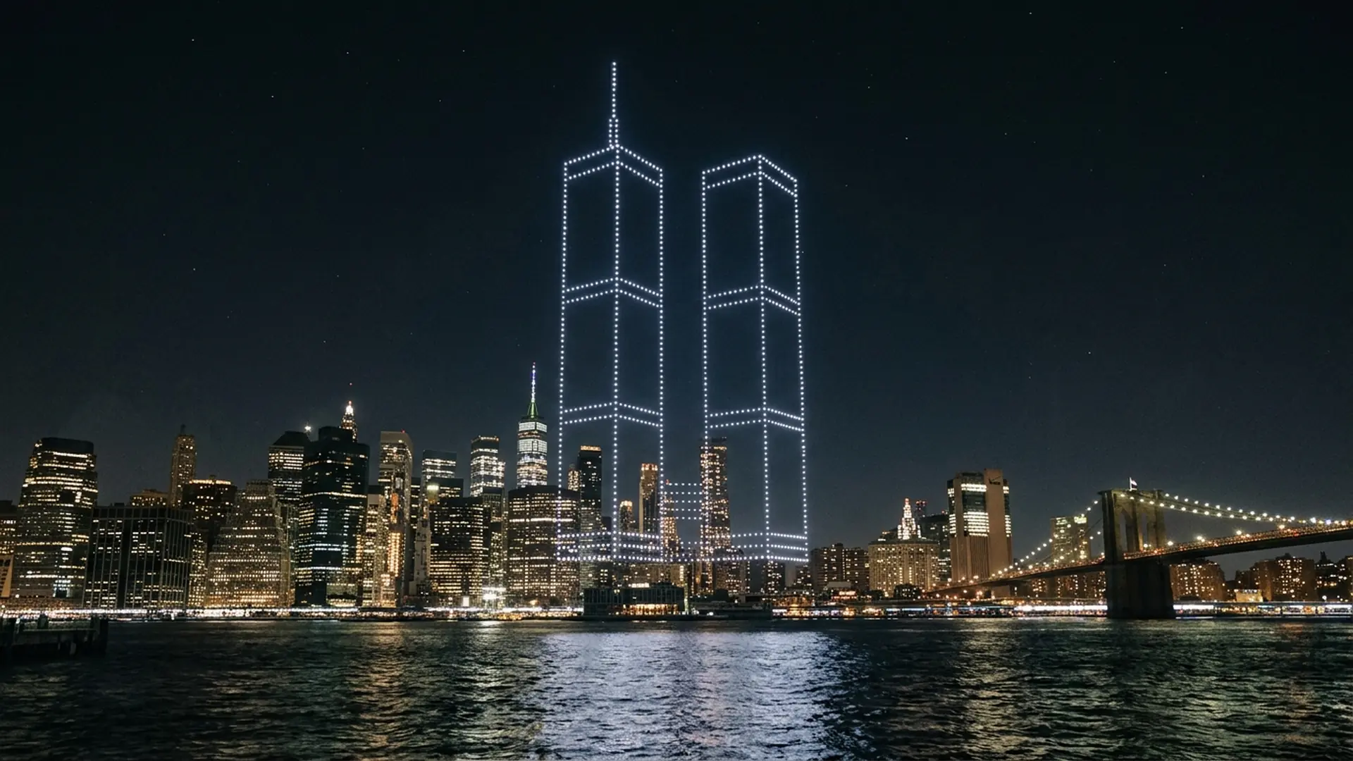 2,977 Drones Rebuild the Twin Towers in Light Over New York Harbor