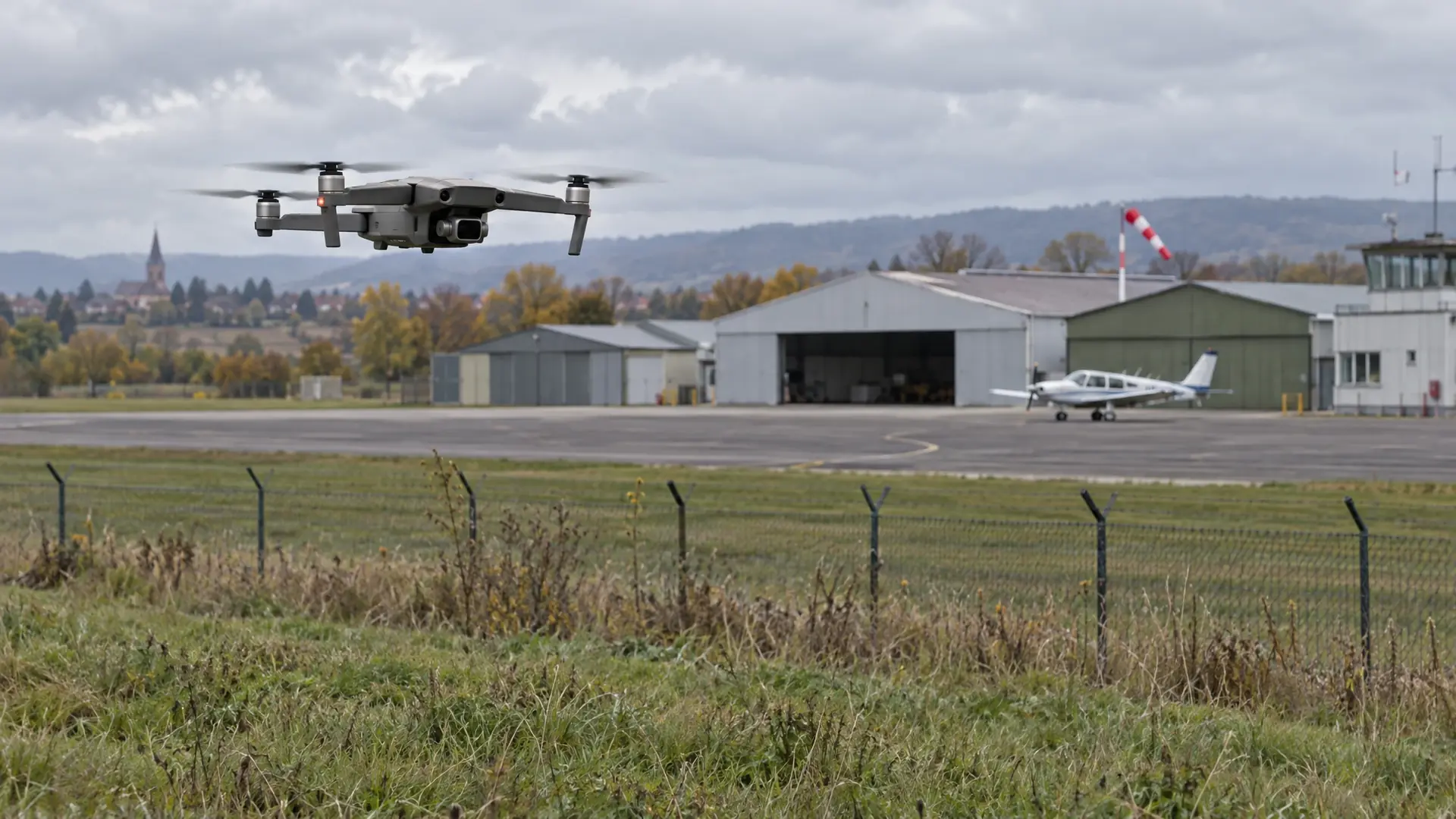 Light aircraft and low hangars at a regional aerodrome in the Alsace countryside, with a drone hovering low above a grassy field outside the perimeter fence