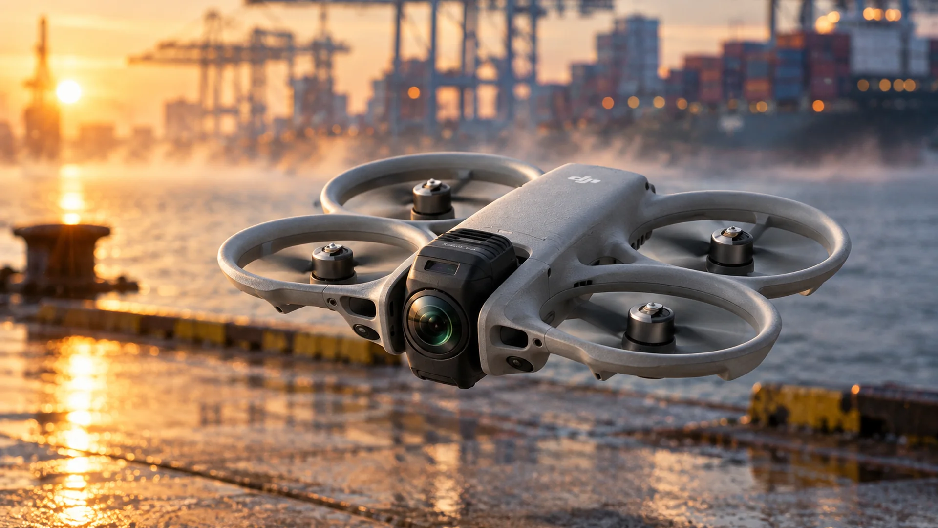 DJI Avata 360 FPV drone over an industrial harbour in low evening light
