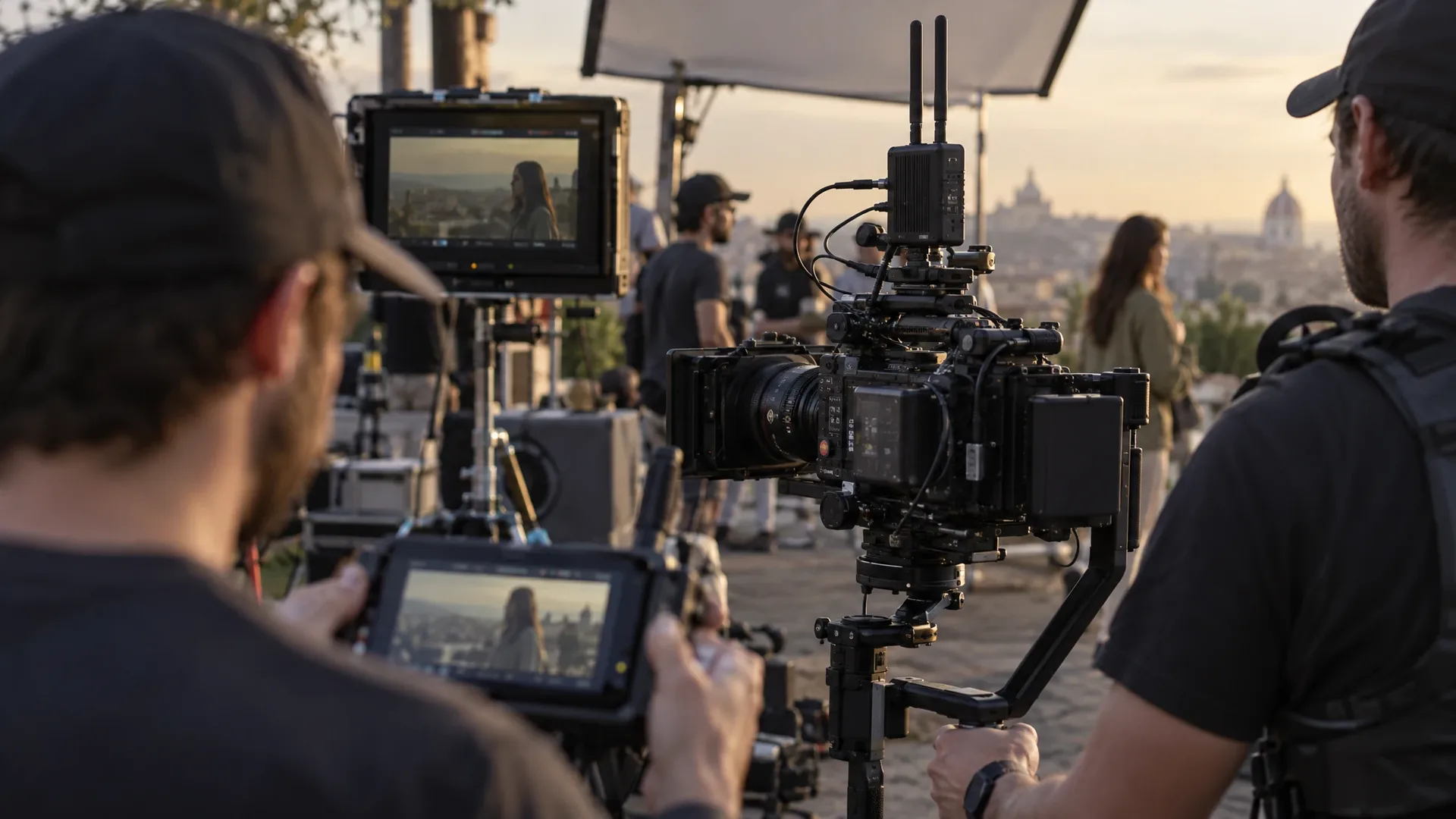 Cinema camera on a gimbal rig with a compact black wireless video transmitter, while a focus puller in the background watches a live feed on a small monitor on a busy film set