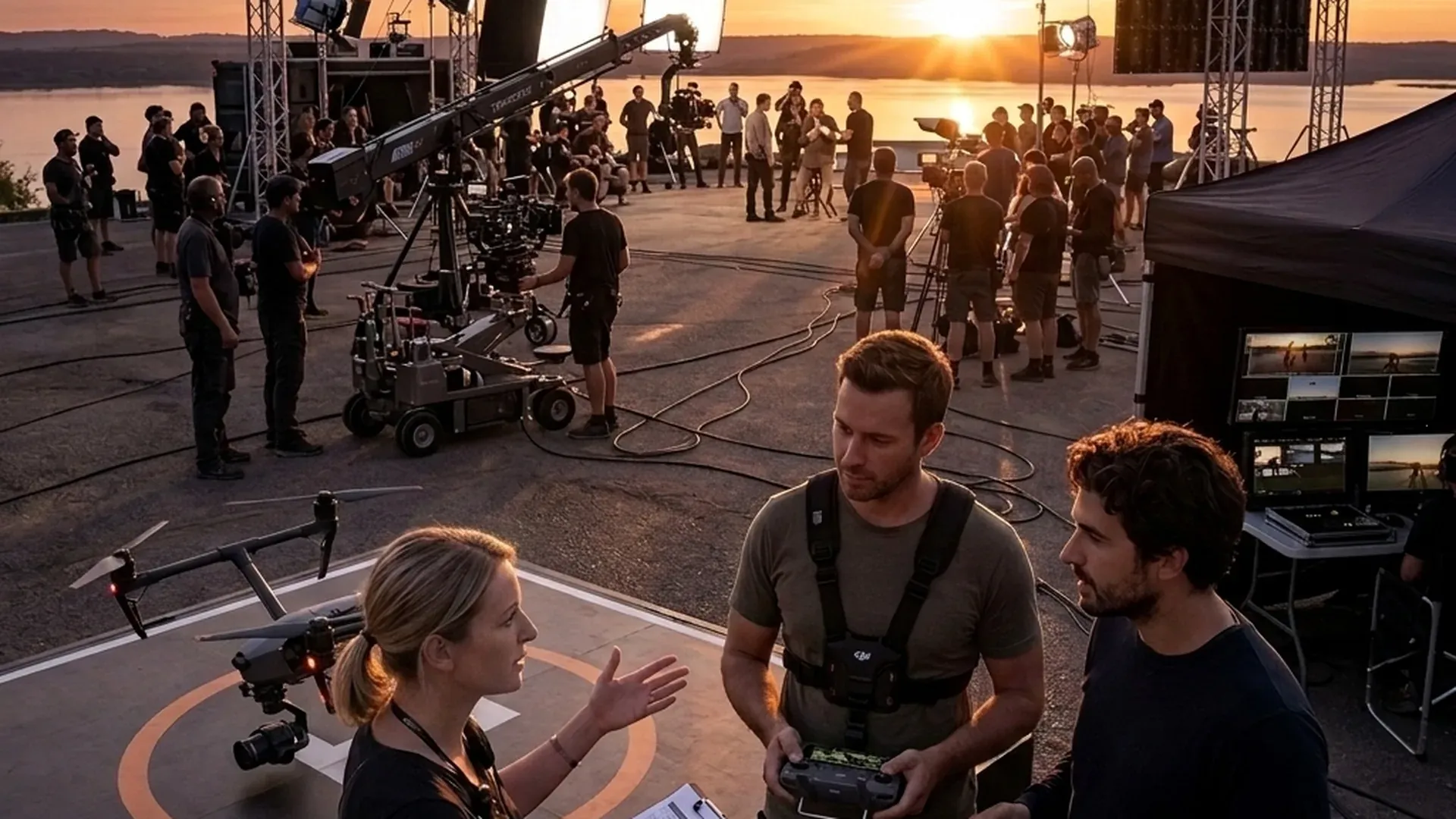 1st AD coordinating with drone crew on a professional film set with DJI Inspire 3