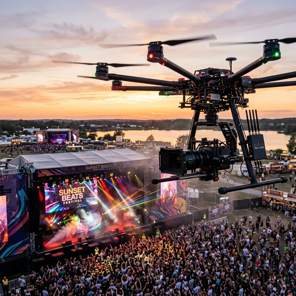 Live broadcast drone flying over a festival stage at sunset